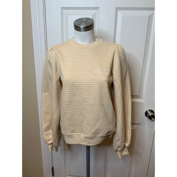 Ganni Tan Puff Sleeve Striped Brazilian Sand Sweatshirt NWT, Size Small - Picture 1 of 6